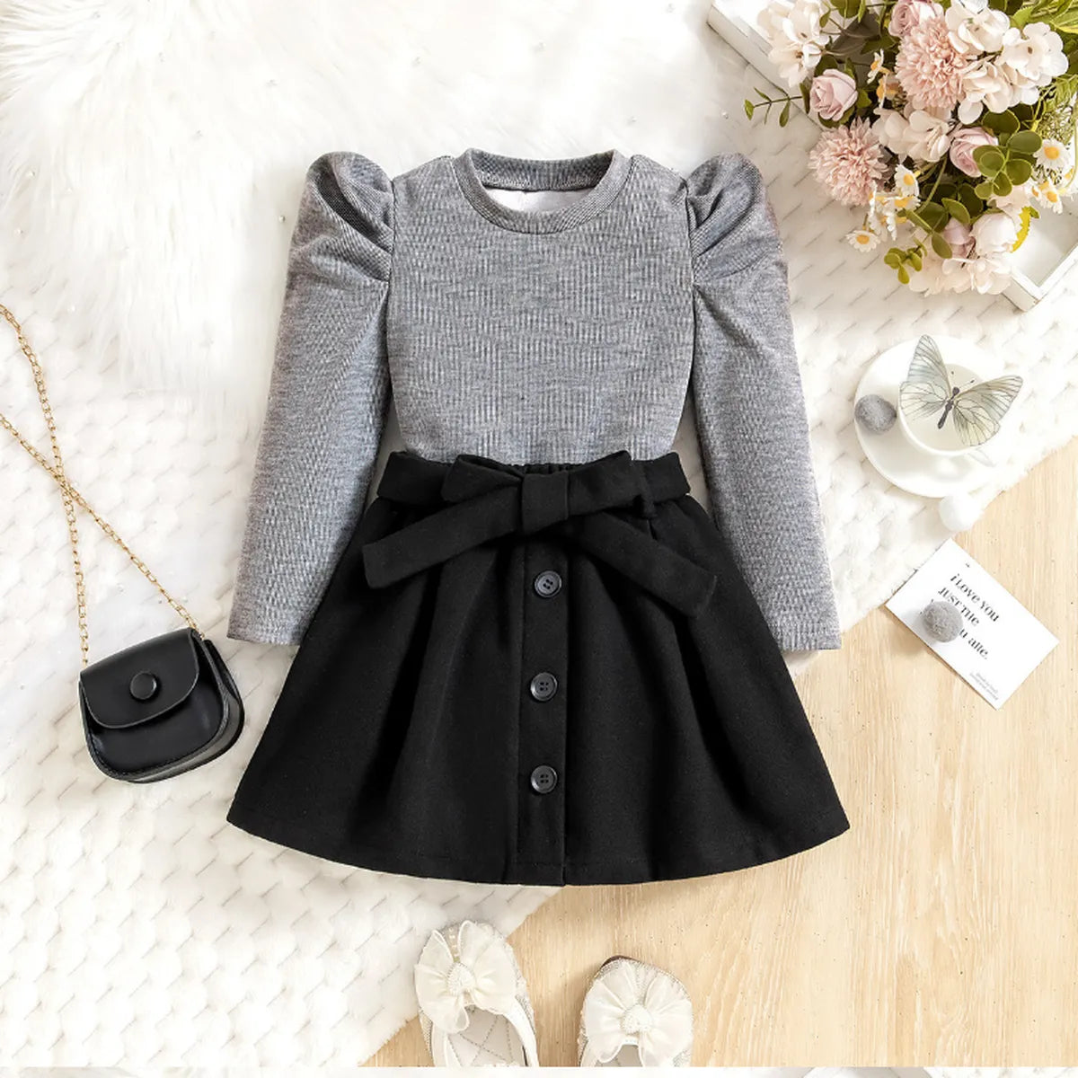 Classic Puff Shoulder Top & Bow Belt Skirt Set – Monochrome Edition (1-5 Years)